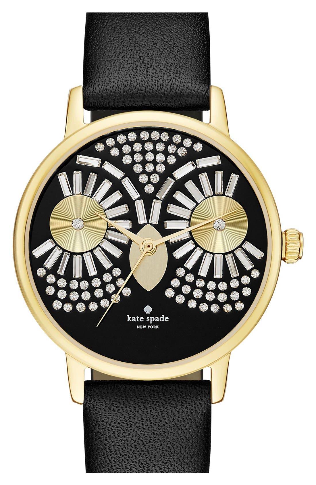 kate spade new york 'metro night owl' leather strap watch, 33mm