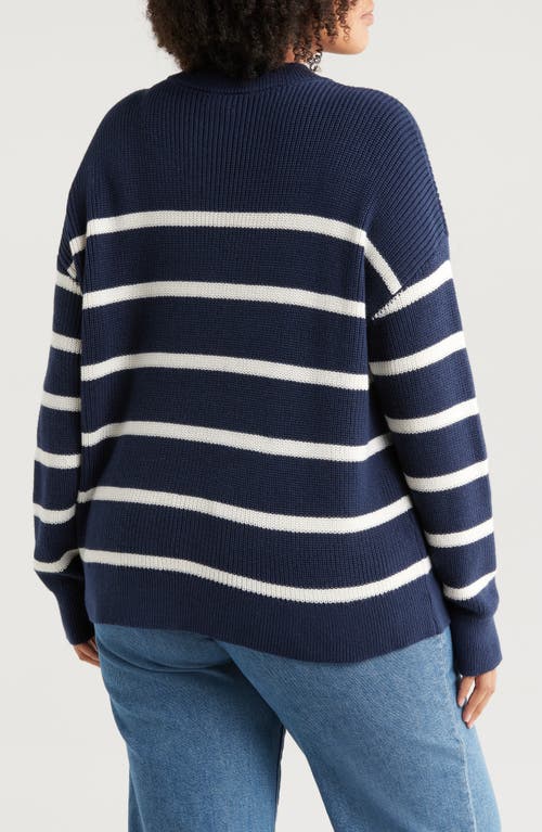 Shop Caslonr Caslon(r) Half Button Pima Cotton Blend Sweater In Navy- Ivory Renee Stripe