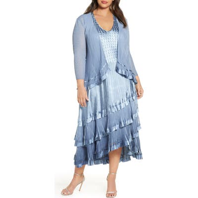 Plus Size Komarov Beaded Charmeuse & Chiffon Tiered Dress With Jacket, Blue