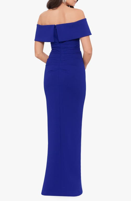 Xscape Evenings Ruched Off The Shoulder Crepe Gown In Marine