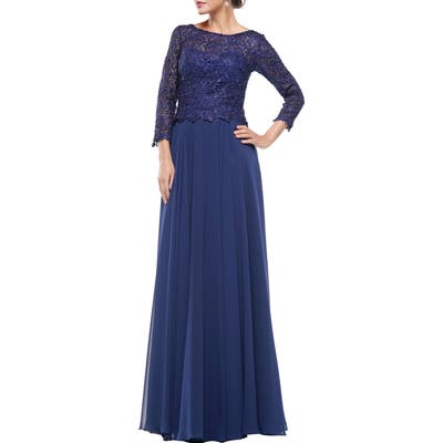 Marsoni Guipure Lace & Chiffon A-Line Gown, Blue