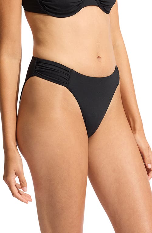 Seafolly Ruched High Cut Bikini Bottoms In Black