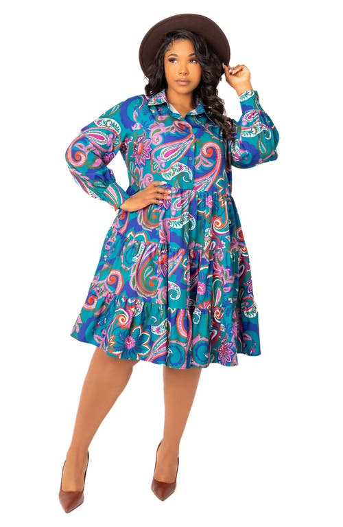 Shop Buxom Couture Floral Long Sleeve Shirtdress In Teal Multi