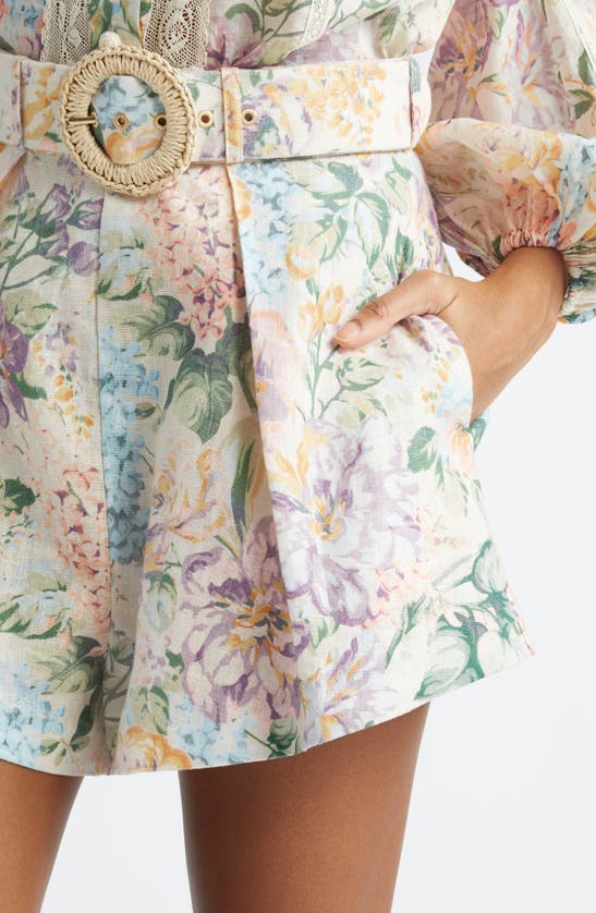 Shop Zimmermann Halliday Floral Belted Linen Shorts In Multi Watercolour Floral