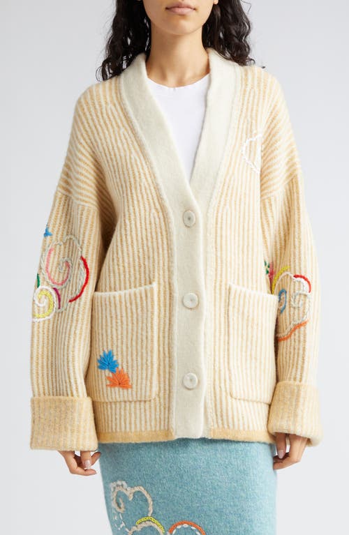 Dragon Embroidered Wool Blend Rib Cardigan in Ivory/Cream