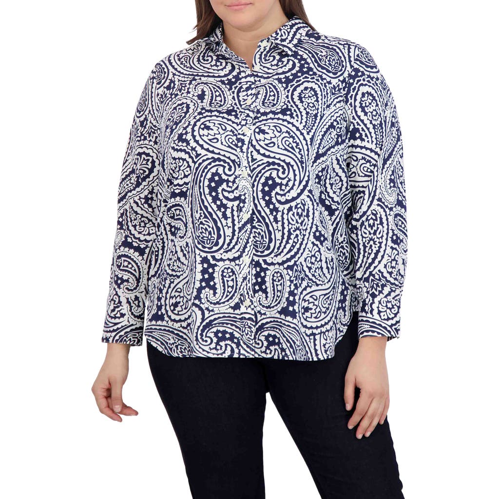 Foxcroft Meghan Paisley Print Cotton Button-up Shirt In Navy/white