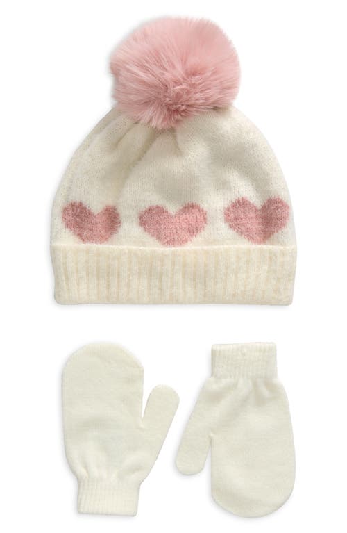 Shop Capelli New York Kids' Hearts Pompom Beanie & Magic Mittens Set In Ivory Combo