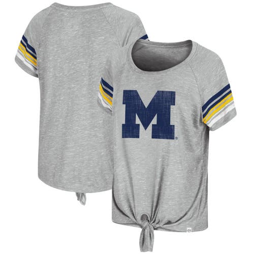 Women's Colosseum Heathered Gray Michigan Wolverines Boo You Knotted Raglan T-Shirt in Heather Gray