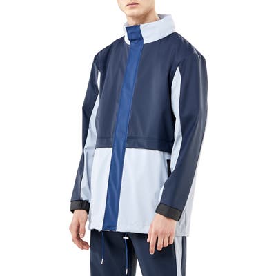 Rains Waterproof Colorblock Tracksuit Jacket With Zip Out Hood, Blue