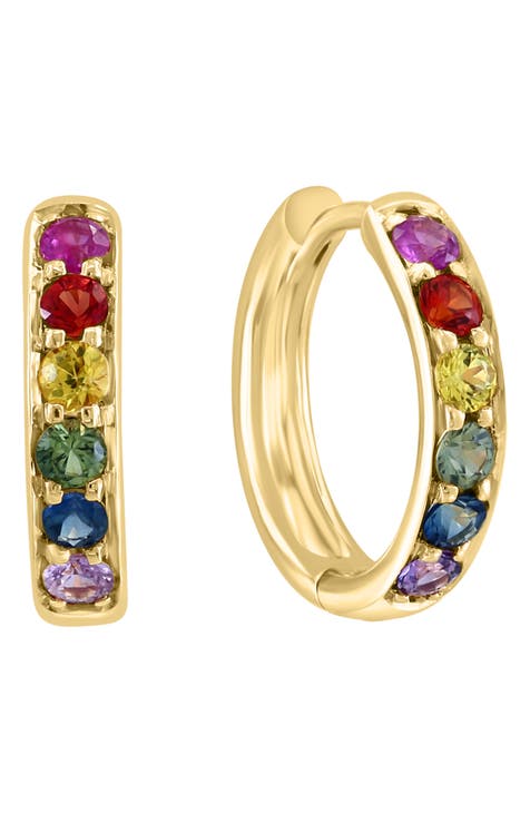 14K Yellow Gold Rainbow Sapphire Huggie Hoop Earrings