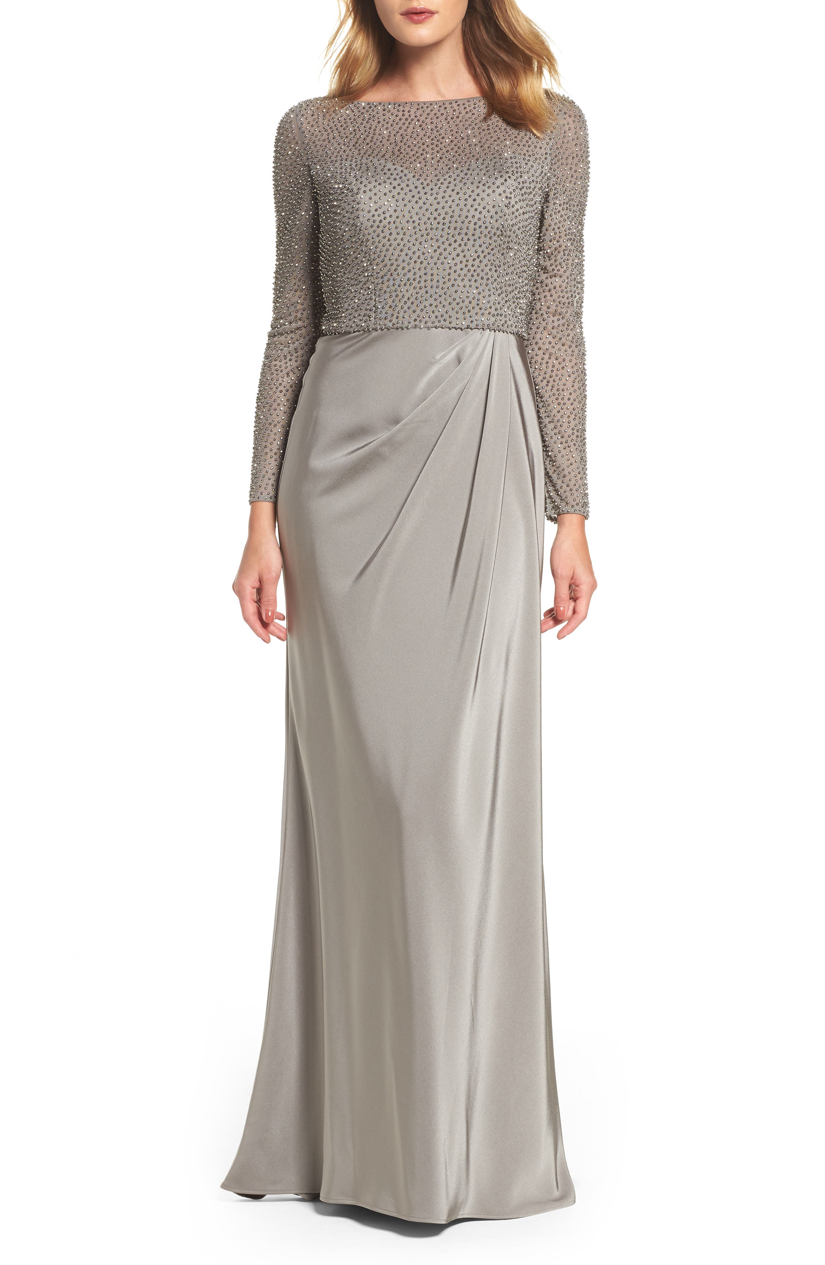 La Femme Long Sleeve Beaded Column Gown Nordstrom