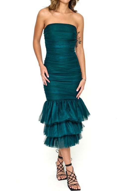 Triple Ruffle Strapless Tulle Bandage Dress in Forest Green