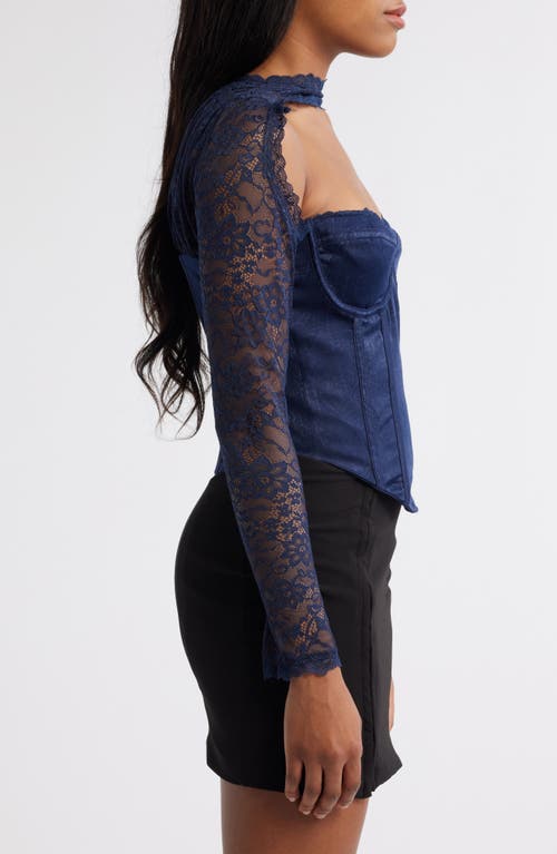 Shop Mistress Rocks Satin & Lace Corset Top In Navy
