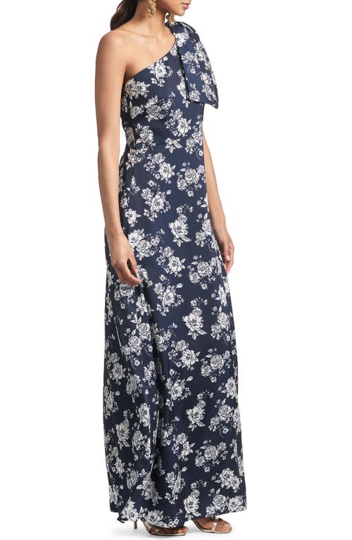 Shop Sachin & Babi Chelsea One-shoulder Gown In Navy/ivory Peony