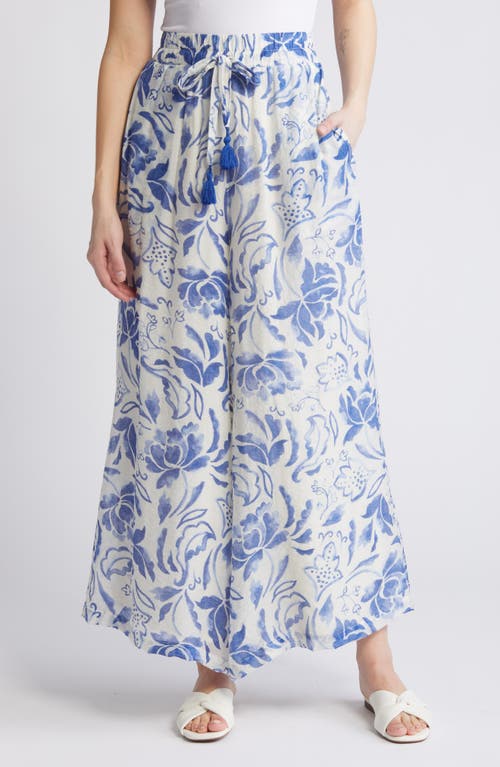 Floral Wide Leg Drawstring Pants in Sapphire Sky