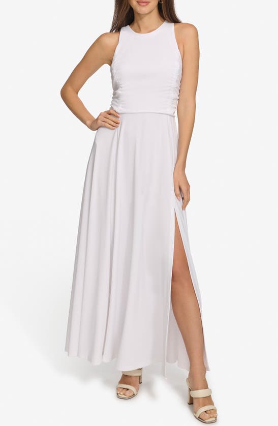 Shop Dkny Ruched Mesh Trim Sleeveless Maxi Dress In White