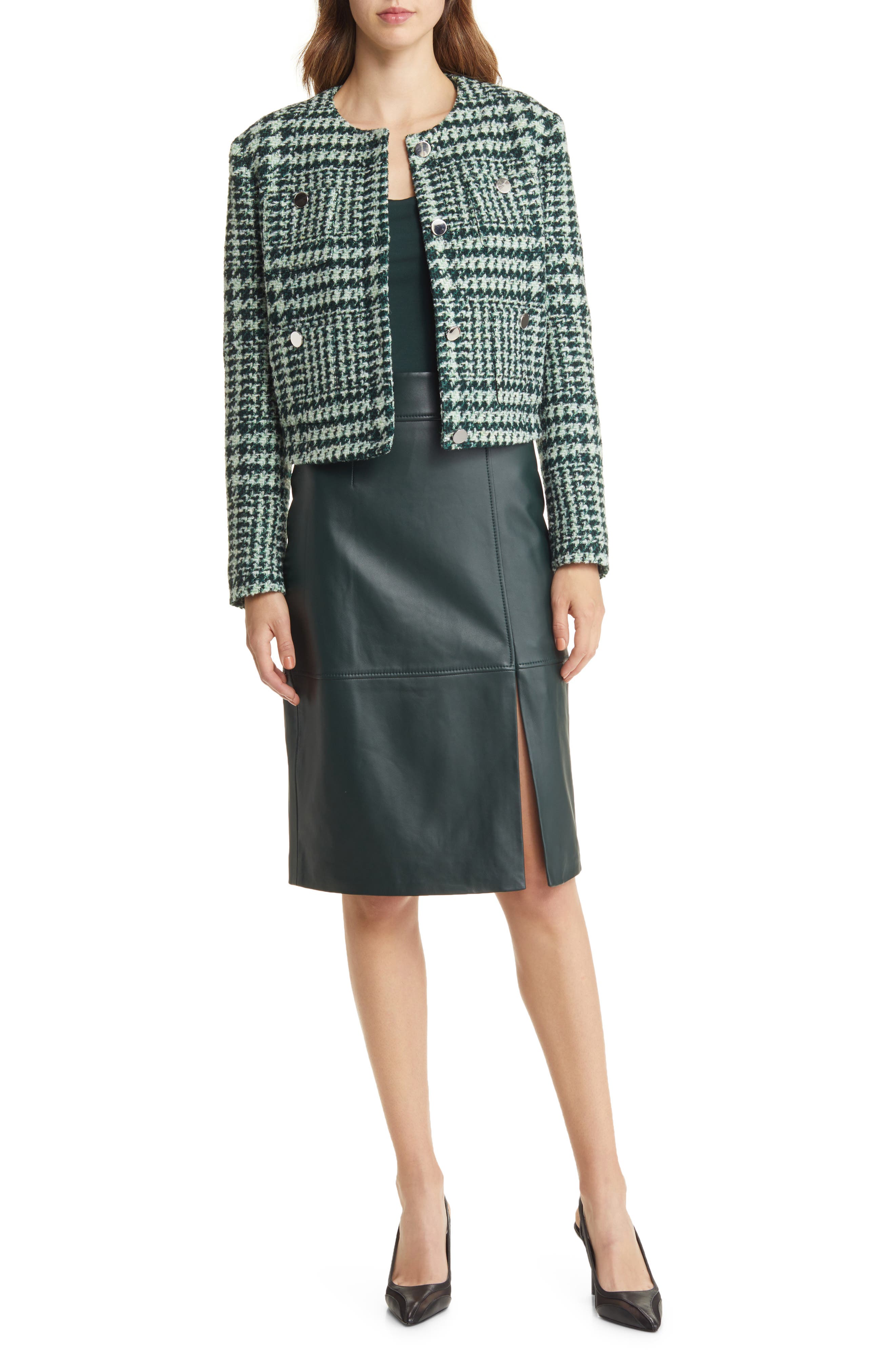 BOSS Setora Leather Pencil Skirt in Court Green