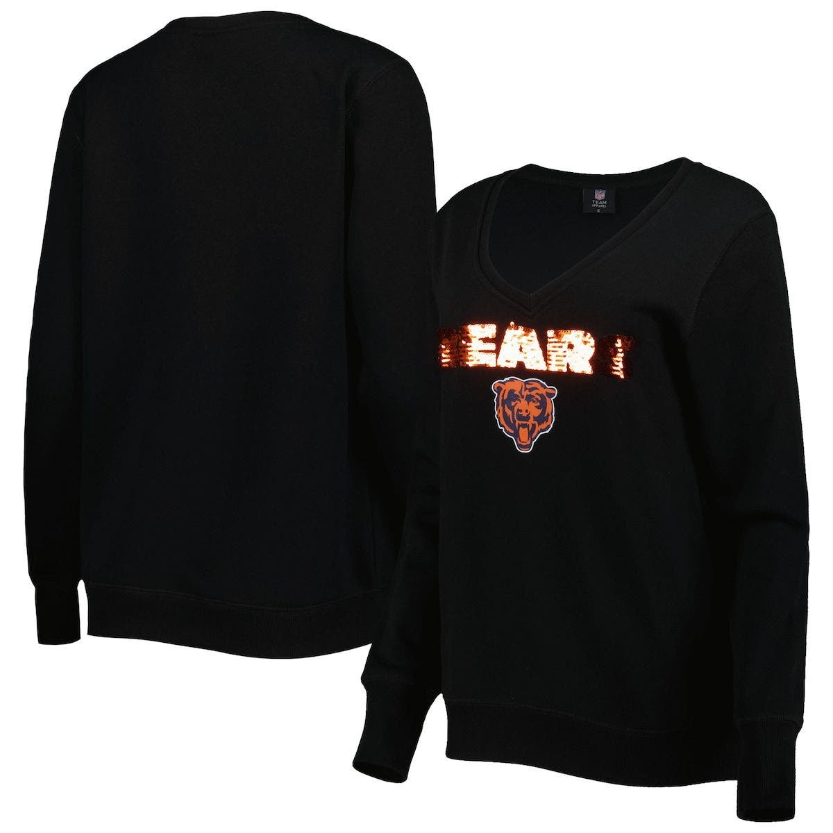 Women's Cuce Black Chicago Bears Sequin Logo V-Neck Pullover