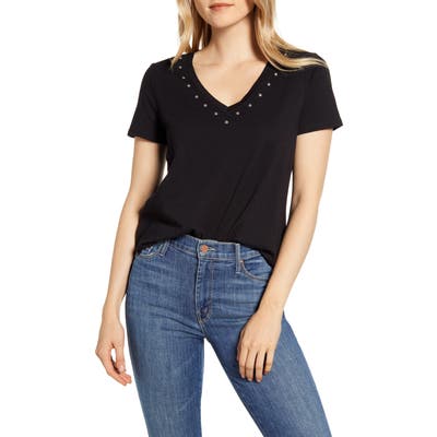 Vince Camuto Studded V-Neck Cotton Blend T-Shirt, Black