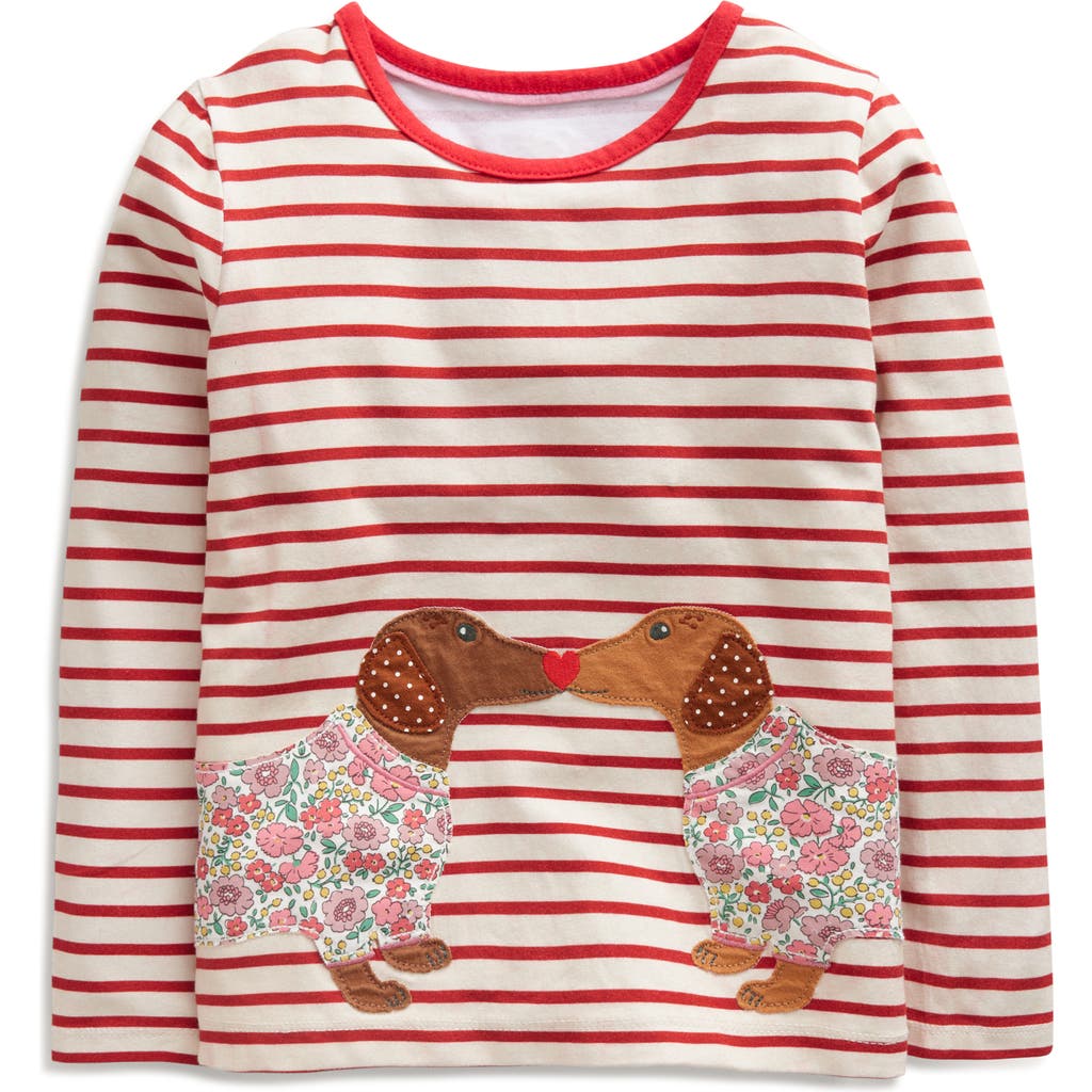 Mini Boden Kids' Dog Appliqué Long Sleeve Cotton T-shirt In Firecracker/ivory Dogs