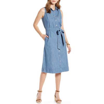 1901 Sleeveless Cotton Chambray Shirtdress, Blue