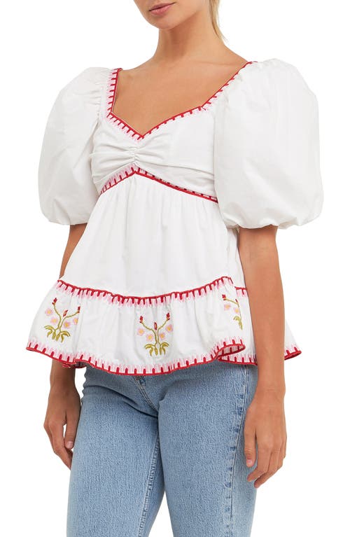 Shop English Factory Embroidered Puff Sleeve Peplum Cotton Top In Ivory/red