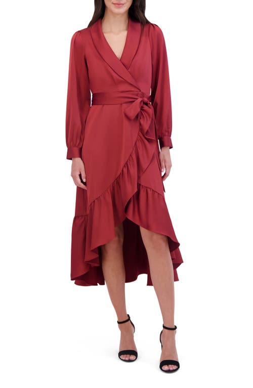 Shop Vince Camuto Long Sleeve Faux Wrap Satin High-low Dress In Fawn