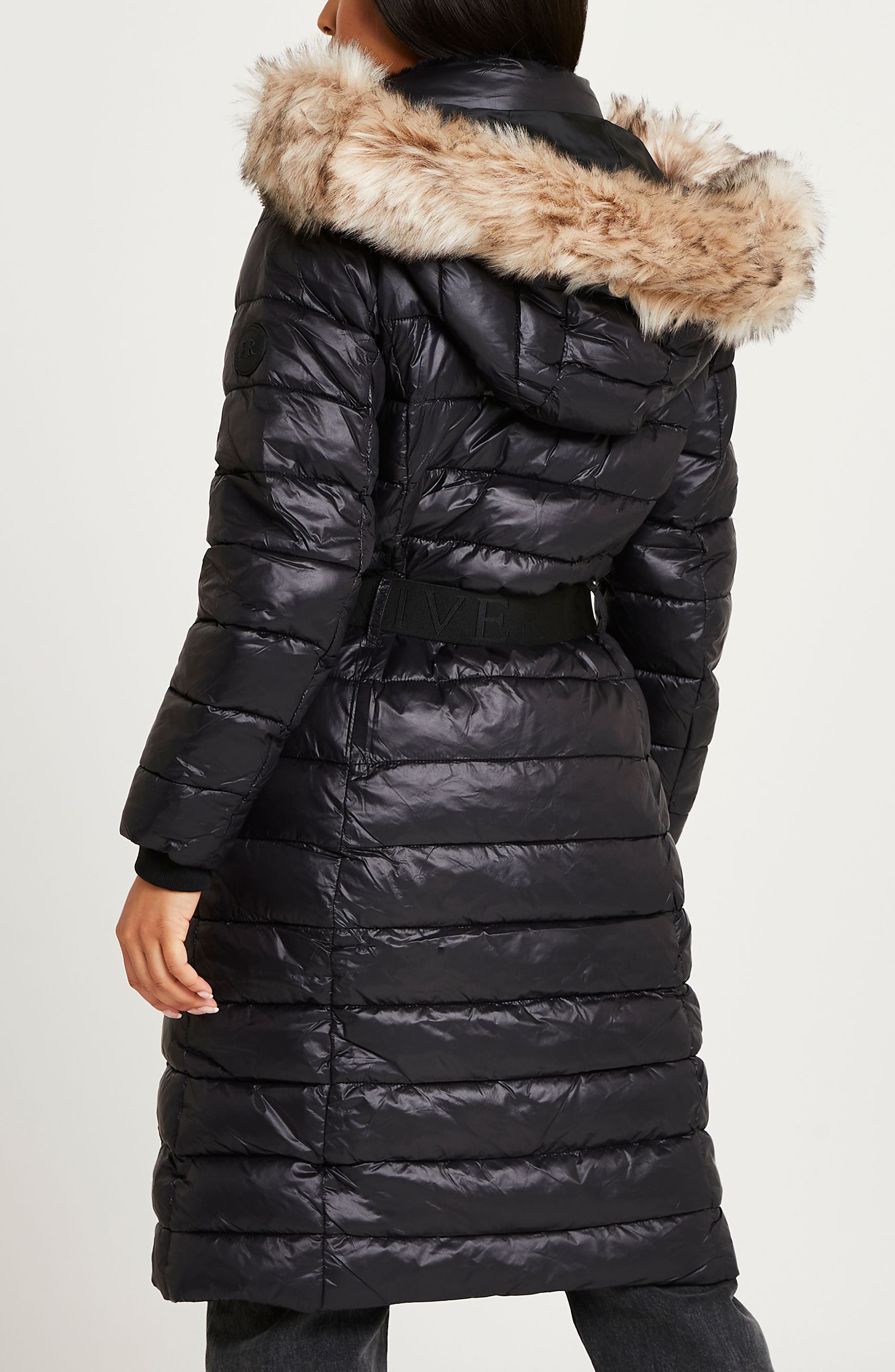 black faux fur trim fitted puffer jacket