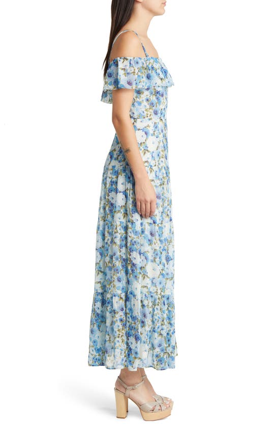 Shop Paige Carmelia Floral Cold Shoulder Silk Maxi Dress In French Blue Multi