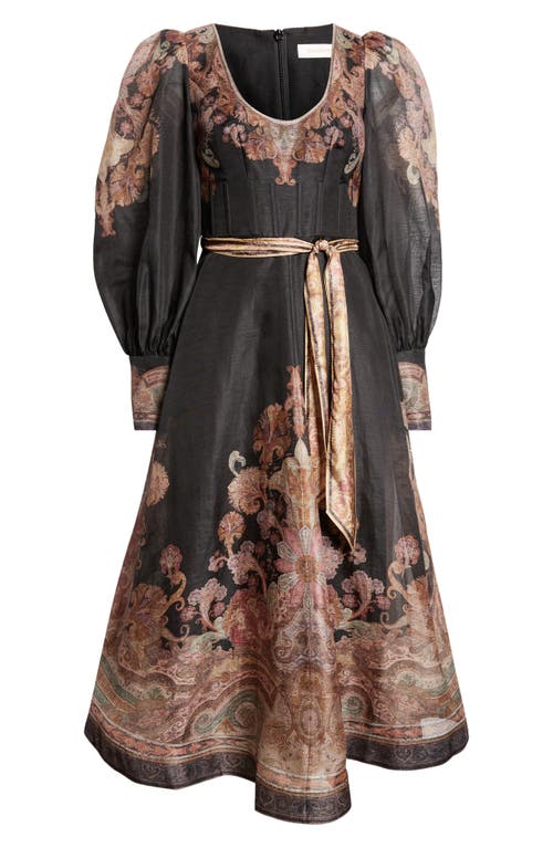 Shop Zimmermann Illustration Floral Paisley Long Sleeve Organza Midi Dress In Black Paisley