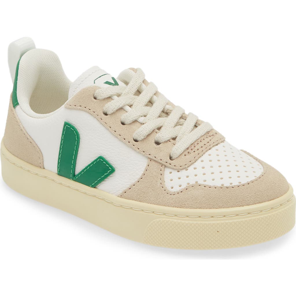 Veja Kids' Small V-10 L Chromefree™ Sneaker In Extra-white/ Emeraude/ Almond