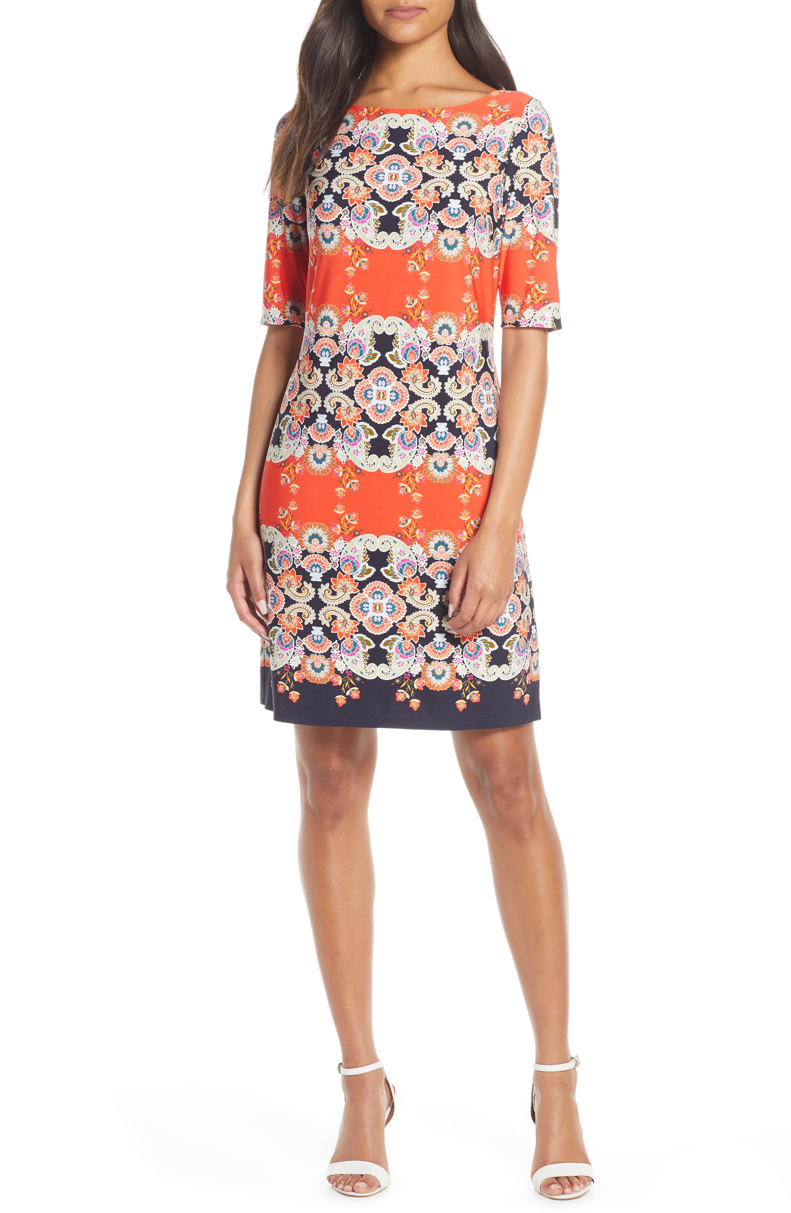 Petite Eliza J Print Bateau Neck Shift Dress, Orange