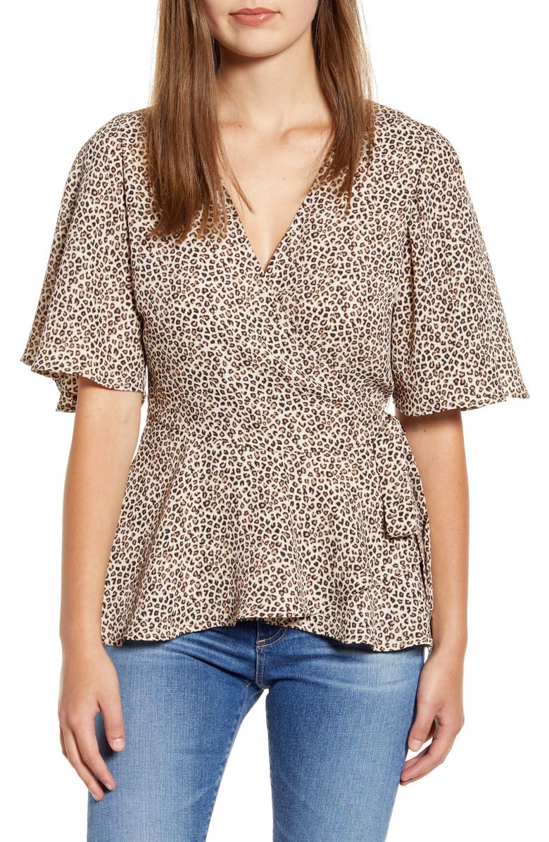 BOBEAU Angel Flutter Sleeve Wrap Blouse, Main, color, ANIMALISTIC PRINT