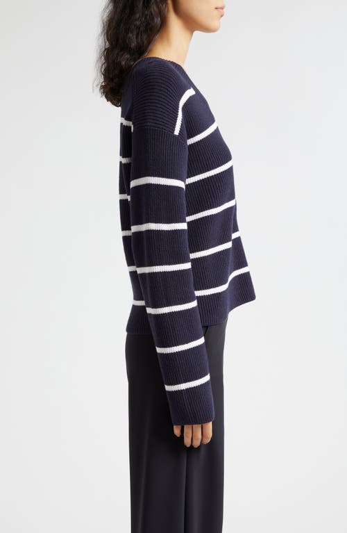 Shop Vince Stripe V-neck Cotton Blend Sweater In Coastal/optic White