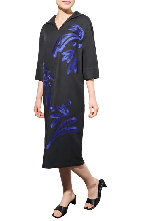 Ming Wang Embroidered Twill Shift Dress In Black/gentian Blue
