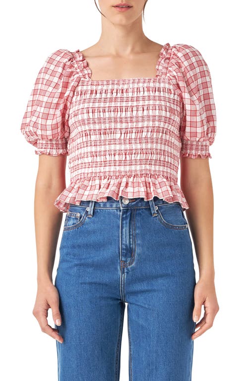 English Factory Check Smocked Bow Accent Top Red at Nordstrom,