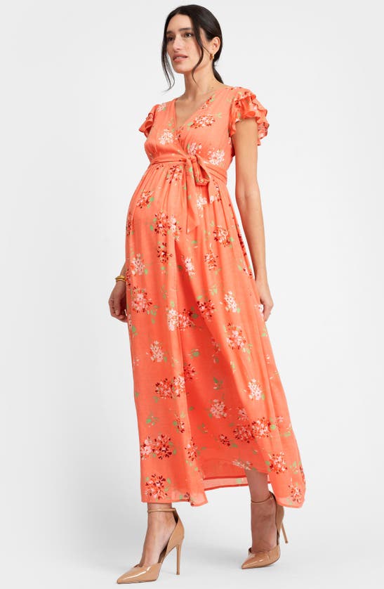 Seraphine Flutter Sleeve Faux Wrap Maternity Dress In Coral Print