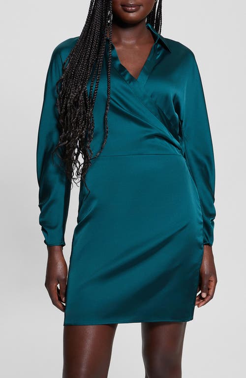 Shop Guess Tanya Long Sleeve Satin Dress In Dark Jade