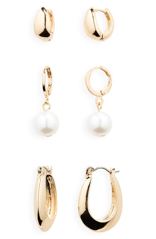 Set of 3 Imitation Pearl Hoop Earrings in Gold- White