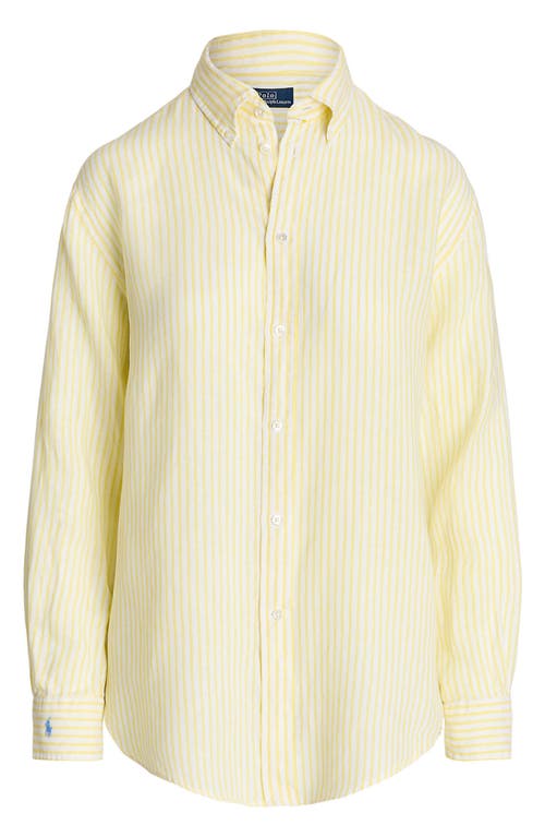 Shop Polo Ralph Lauren Oversize Stripe Linen Button-down Shirt In Coastal Yellow/white