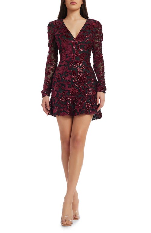 Dress the Population Kelsey Sequin Floral Long Sleeve Minidress Burgundy-Black at Nordstrom,