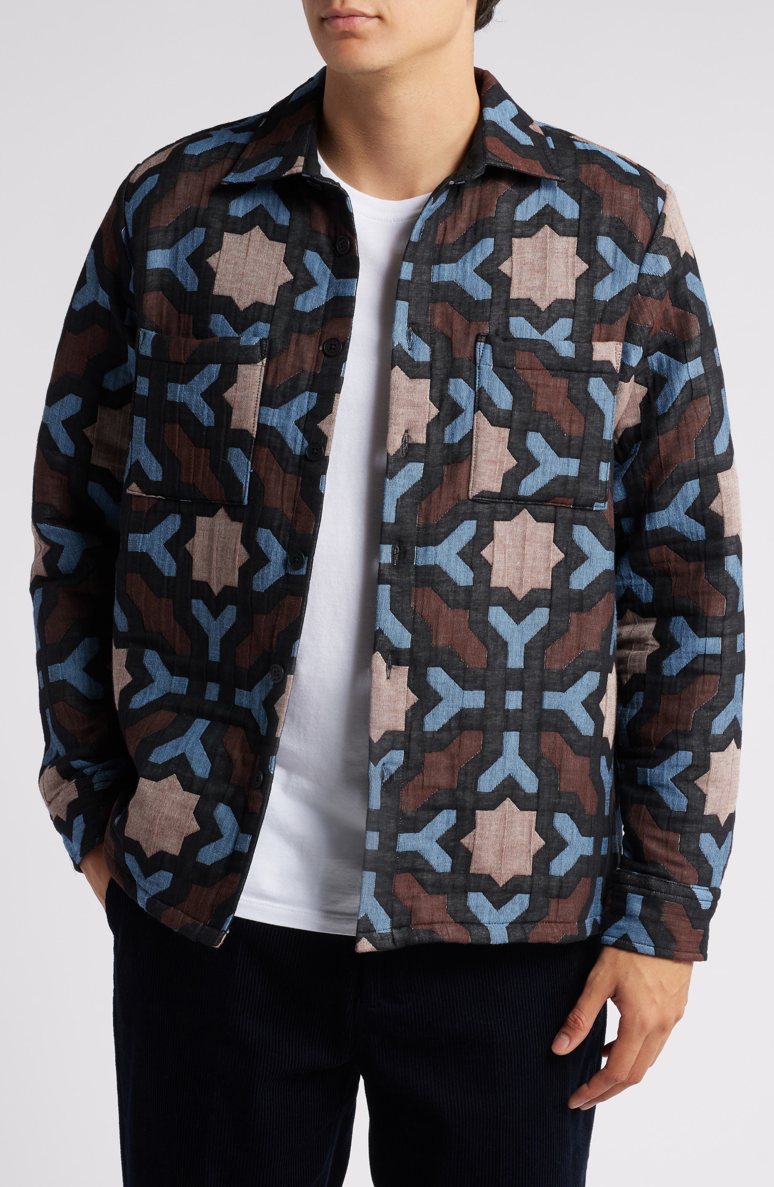 Wax London Otto Quilted Overshirt in Black /Blue 