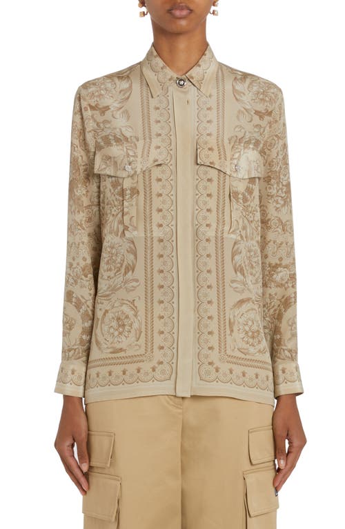 Versace Barocco Print Silk Button-Up Shirt Sand at Nordstrom, Us