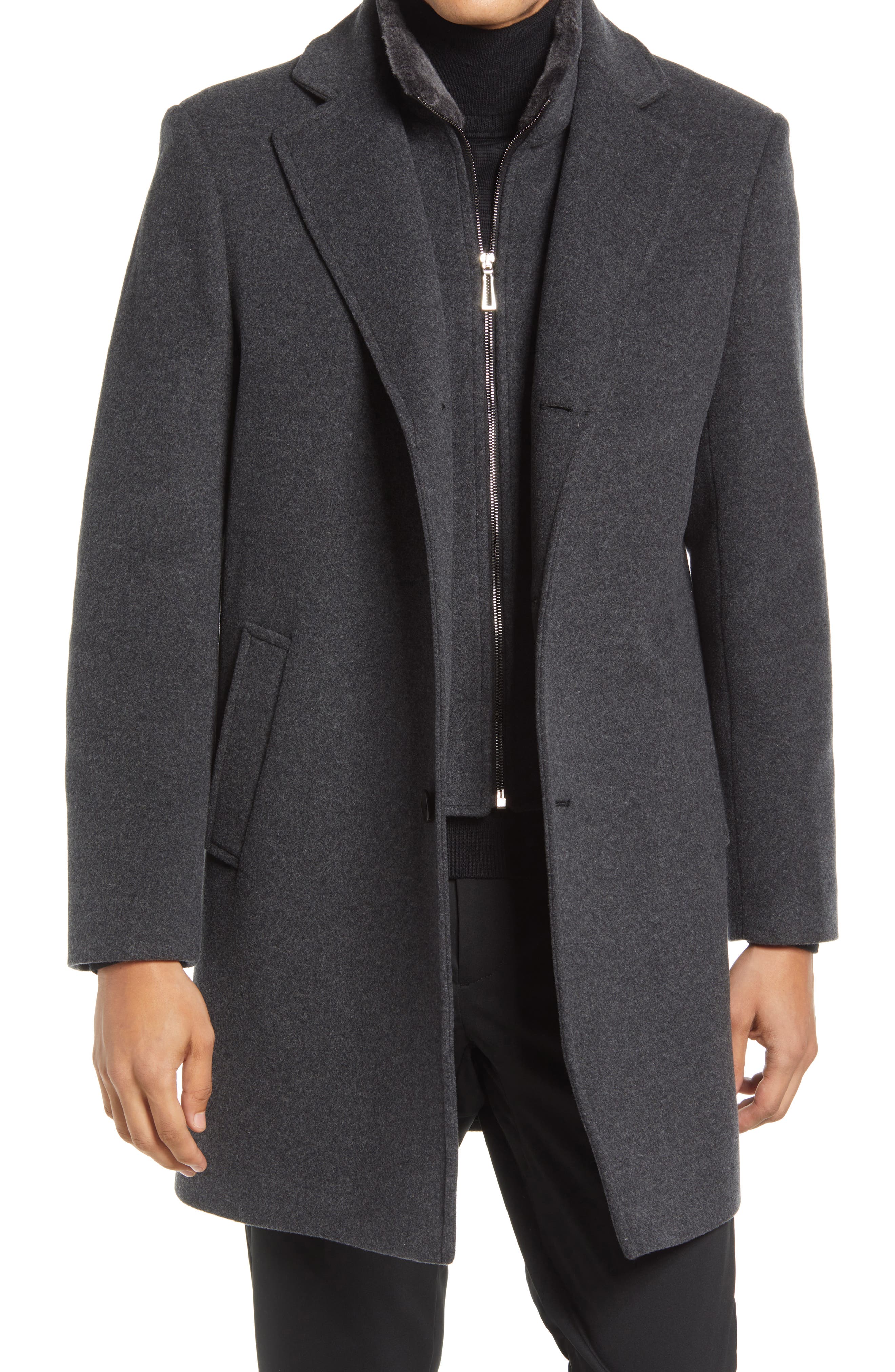 wool coat with bib