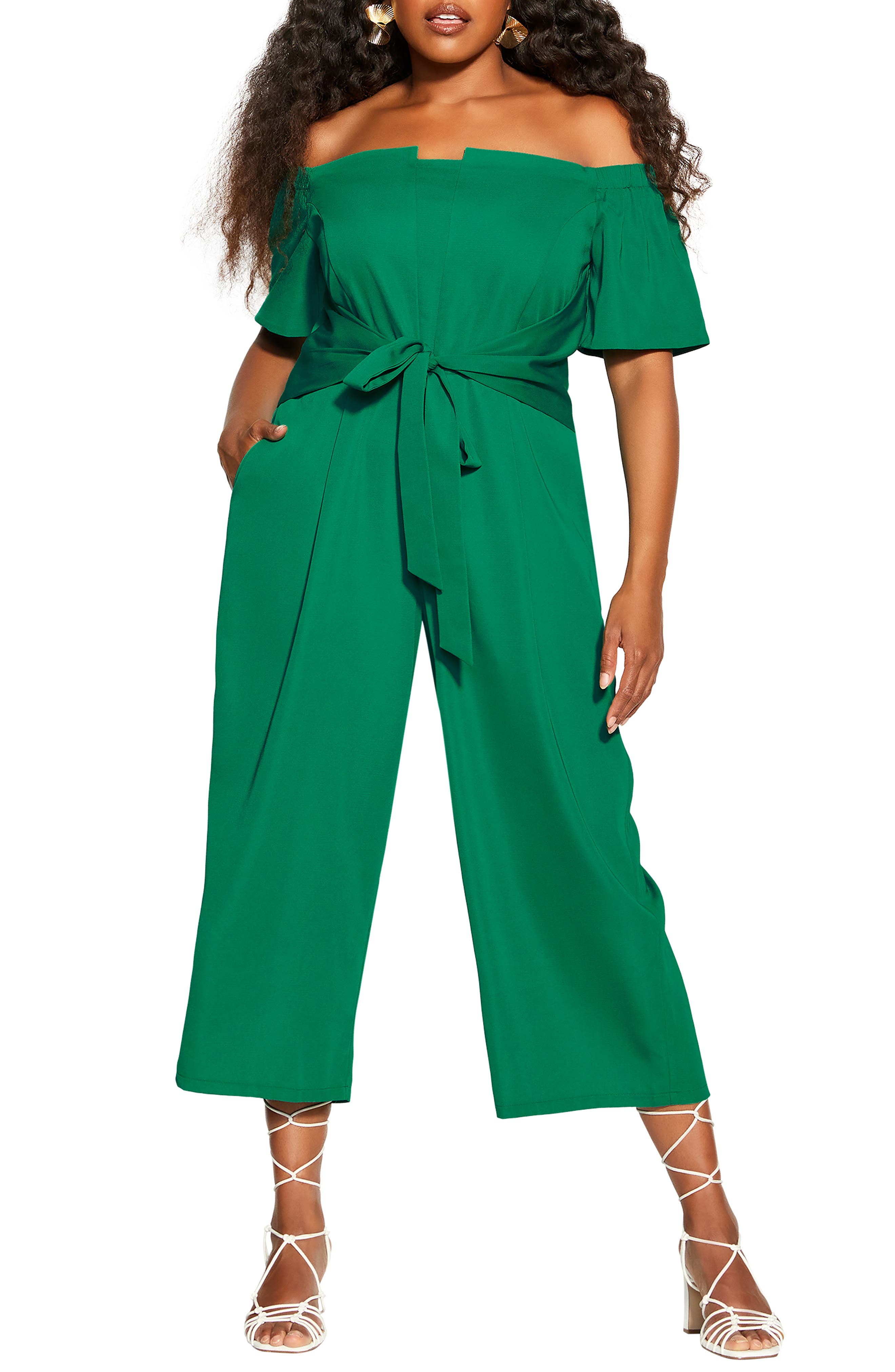 Boohoo Plus Bardot Floral Print Belted Jumpsuit in Green Womens Clothing Jumpsuits and rompers Full-length jumpsuits and rompers 
