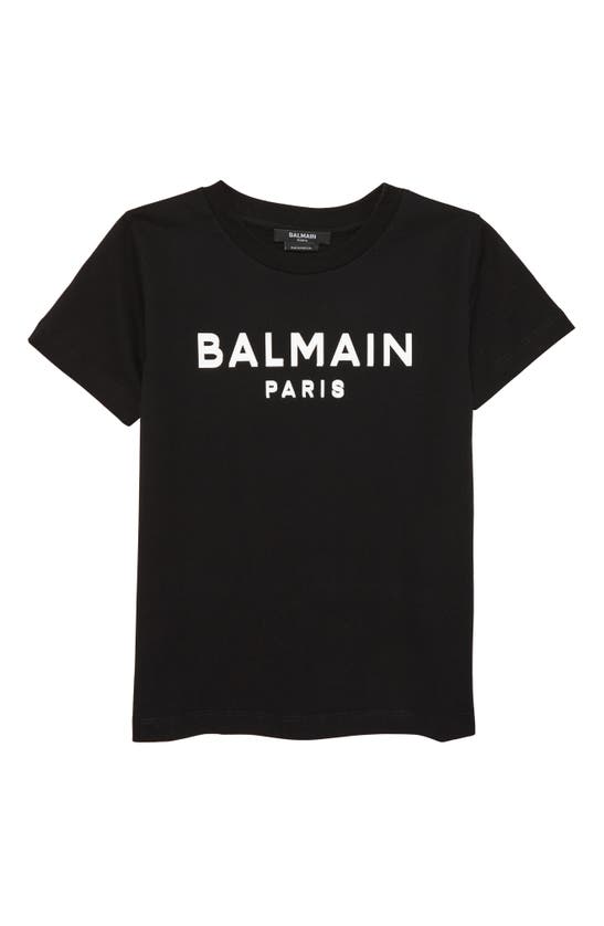 Balmain Kids' Flocked Logo Cotton Graphic Tee In 930bc Blk/ Wht