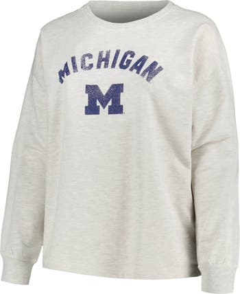 PROFILE Women s Profile Oatmeal Michigan Wolverines Plus Size Distressed Arch Over Logo Neutral Boxy Pullover Sweatshirt Nordstrom