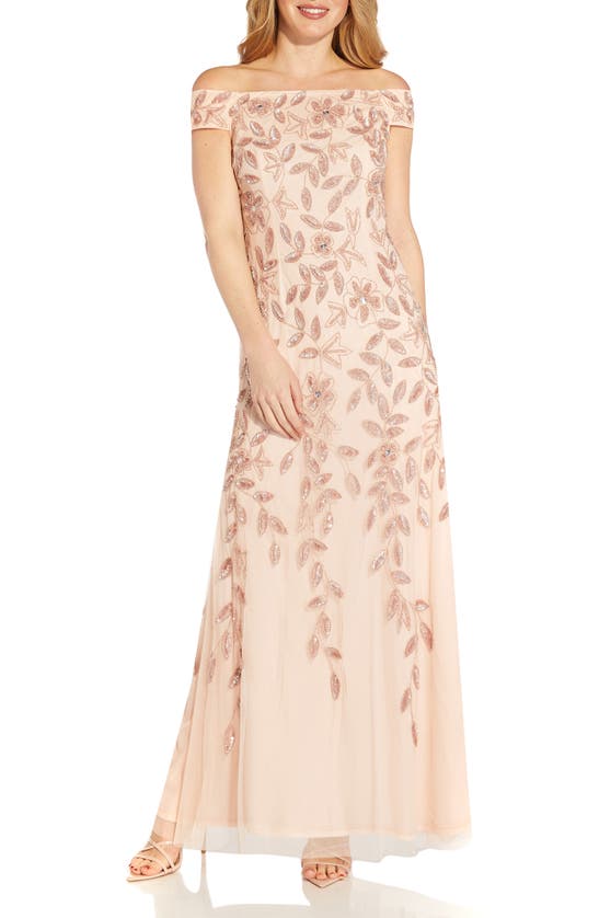 ADRIANNA PAPELL OFF THE SHOULDER BEADED VINE GOWN
