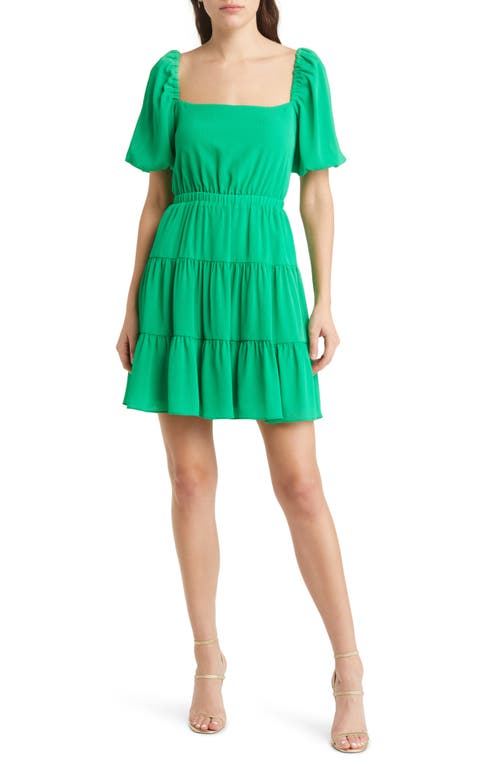 Charles Henry Puff Sleeve Tiered Minidress in Green