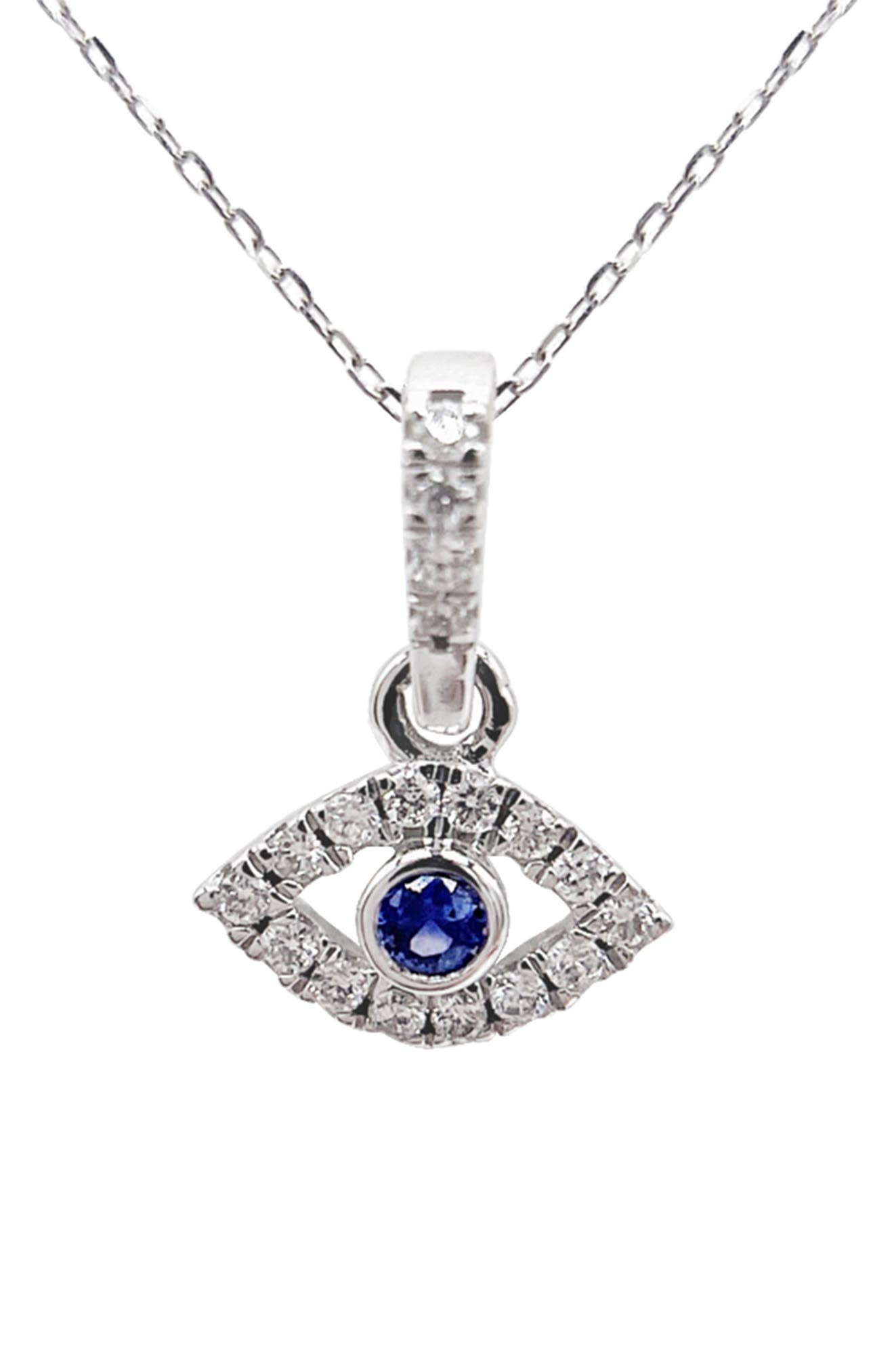 Adornia Fine 14k White Gold Blue Sapphire & White Diamond Evil Eye Necklace W/ Chain In Silver